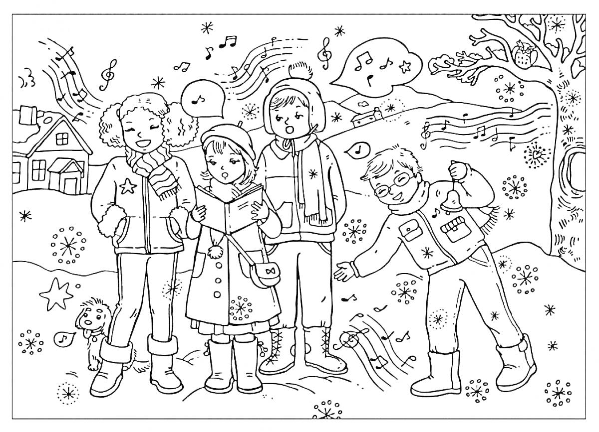 Раскраска Дети колядуют на улице зимой возле дома, снежинки, ноты и музыкальные знаки, большая старая ель, собака