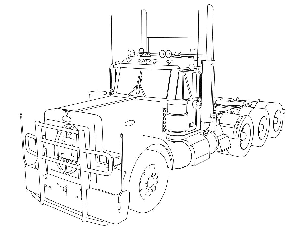 Раскраска Грузовой тягач с защитной решеткой, антеннами и несколькими колесными осями