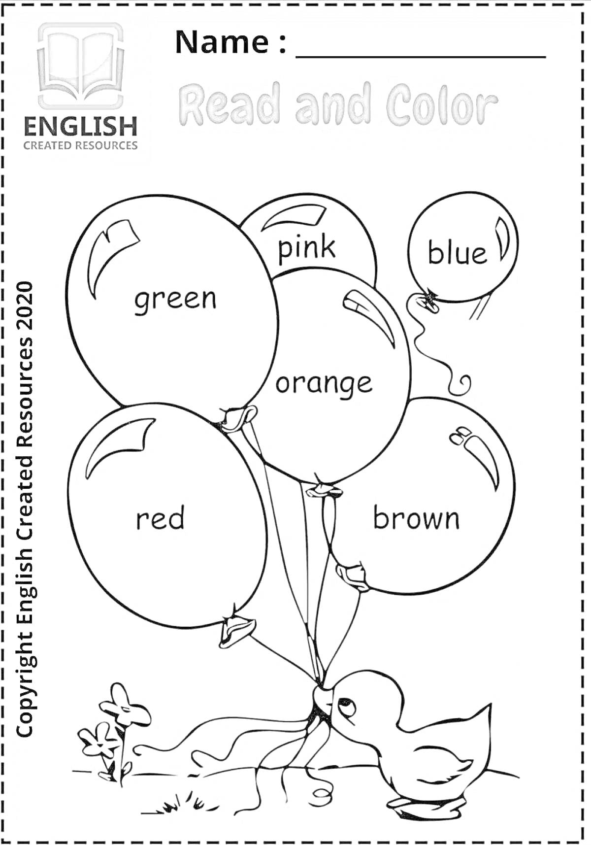 На раскраске изображено: Воздушные шары, Цвета, Зеленый, Розовый, Синий, Оранжевый, Красный, Коричневый, Для детей, Английский язык, Утка