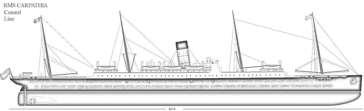 Раскраска Пароход Карпатия с двумя мачтами, двумя трубами, флагами и деталями палубы