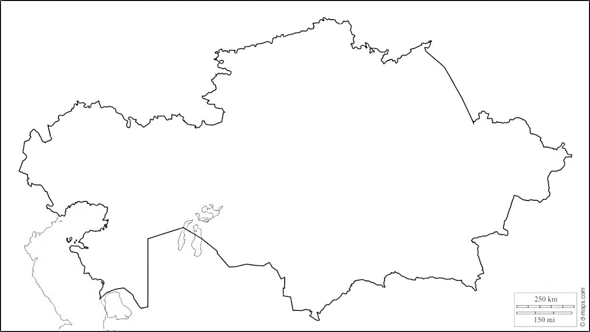 Раскраска Чёрно-белая карта Казахстана с указанием главных линий и делений между областями.