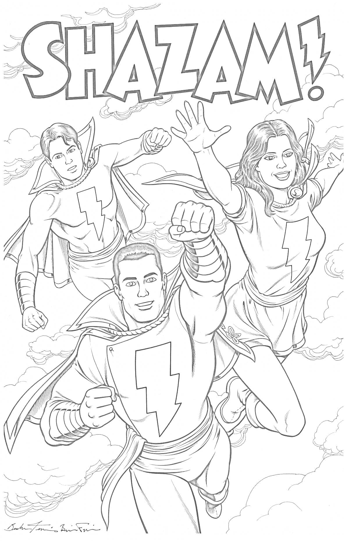На раскраске изображено: Супергерои, Полет, Облака, Молния, Комиксы, Сила