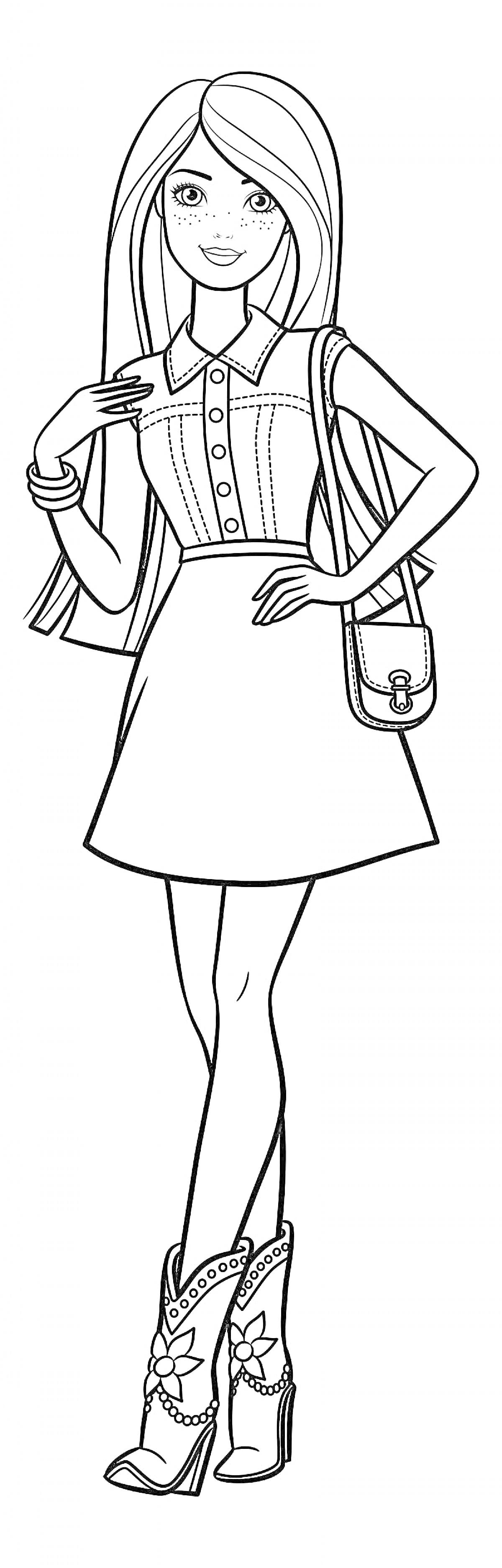 Раскраска Девушка в платье с аксессуарами (сумка через плечо, браслеты, высокие сапоги с цветочным узором)