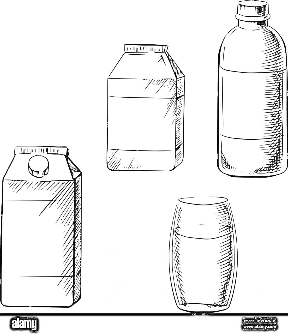 Раскраска Различные виды упаковок молока: картонные пакеты, пластиковая бутылка и стакан с молоком