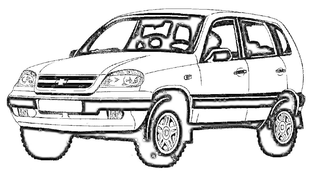 На раскраске изображено: Автомобиль, Нива, Кузов, Колеса, Внедорожник, Транспортное средство