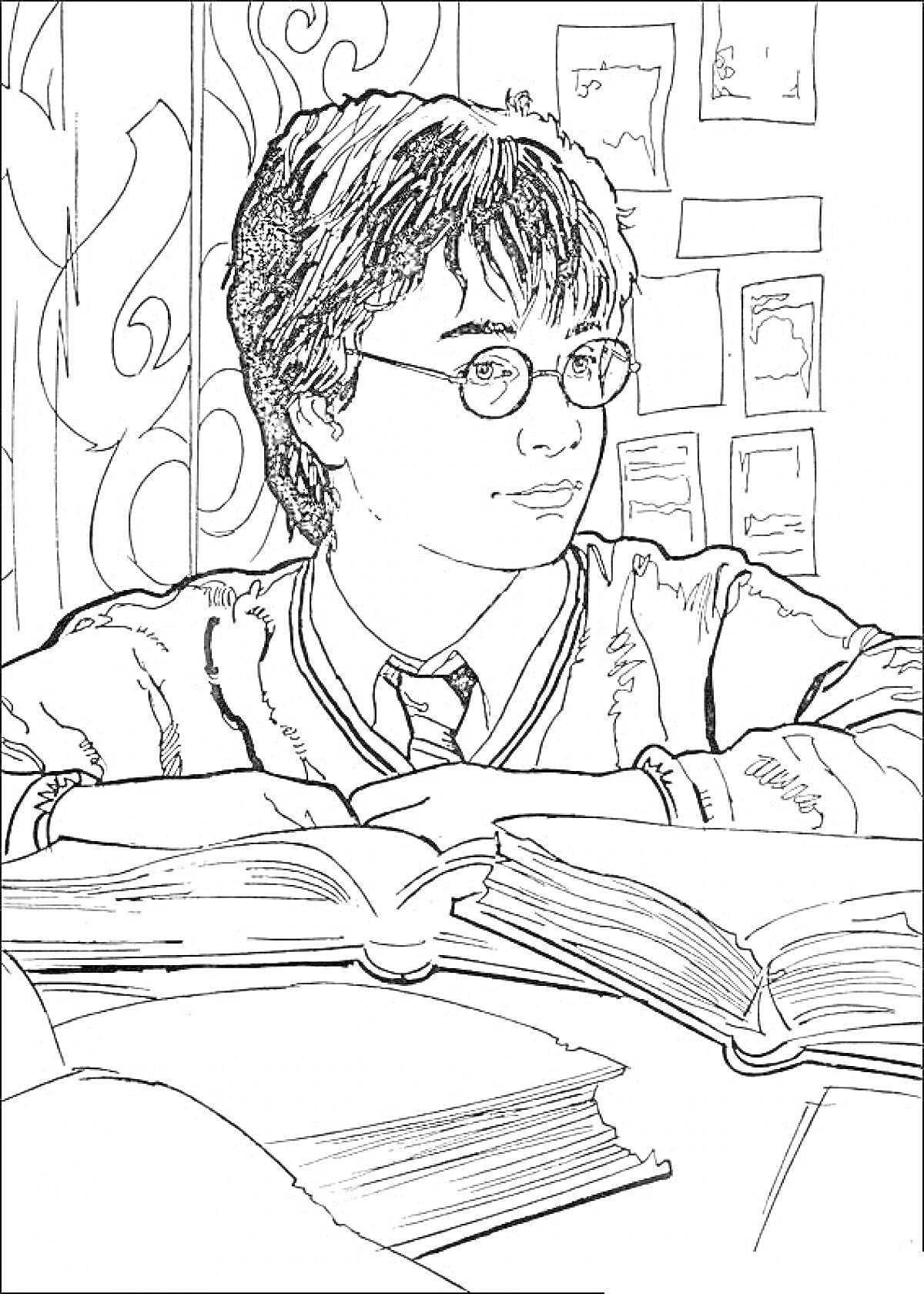 Раскраска Гарри Поттер за столом с книгами в библиотеке
