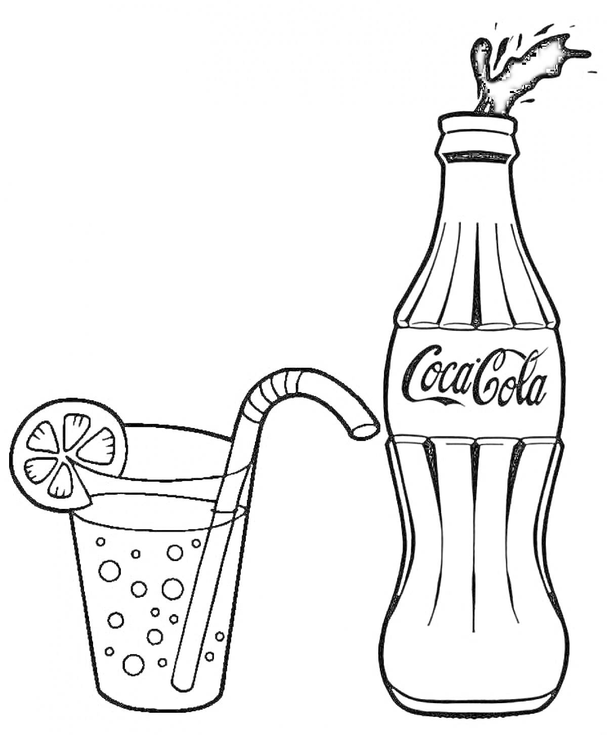 Раскраска Напиток в стакане с соломинкой и кусочком лимона, бутылка Кока-Колы