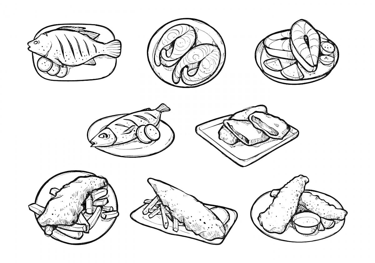 На раскраске изображено: Рыба, Еда, Мясные продукты, Морепродукты, Здоровое питание