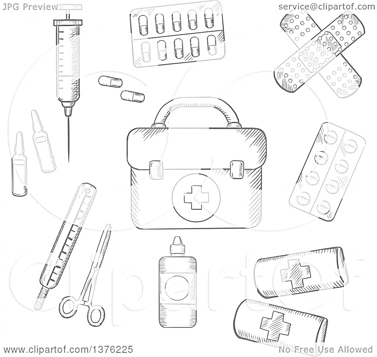 Раскраска Аптечка для детей — шприц, таблетки в блистере, пластырь, ампулы, ножницы, пузырёк с лекарством, бинты, аптечка