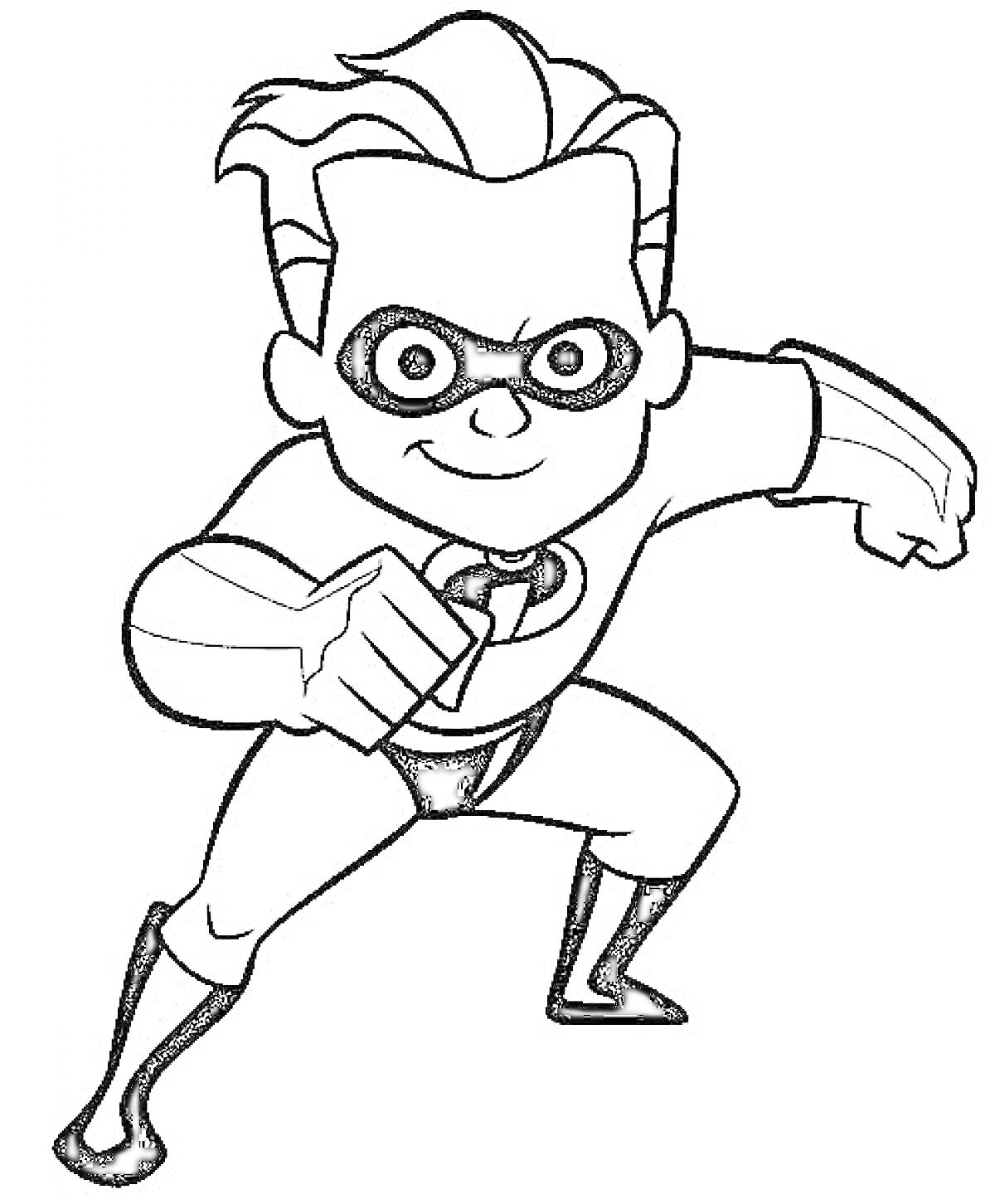 Раскраска Мальчик-супергерой в маске в костюме с логотипом 