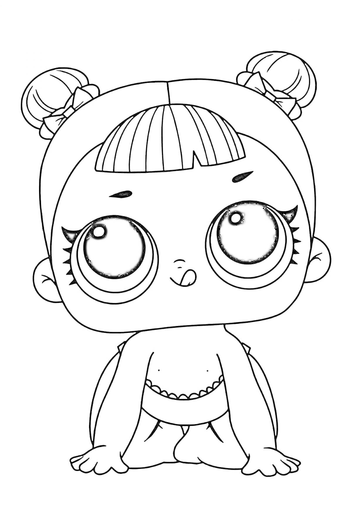 Раскраска Кукла ЛОЛ с двумя пучками, челкой и большими глазами, стоящая на коленях