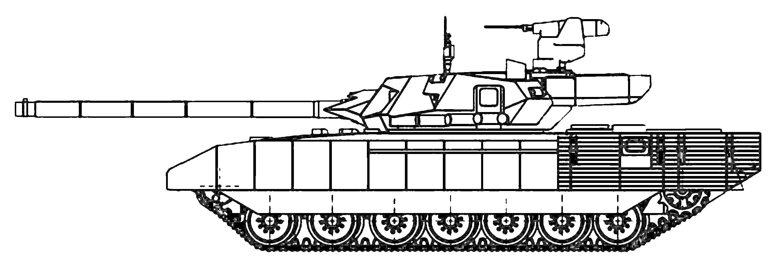 Раскраска Танковая раскраска Т-14 Армата с платьем и башней, боковая проекция, линейное черно-белое изображение