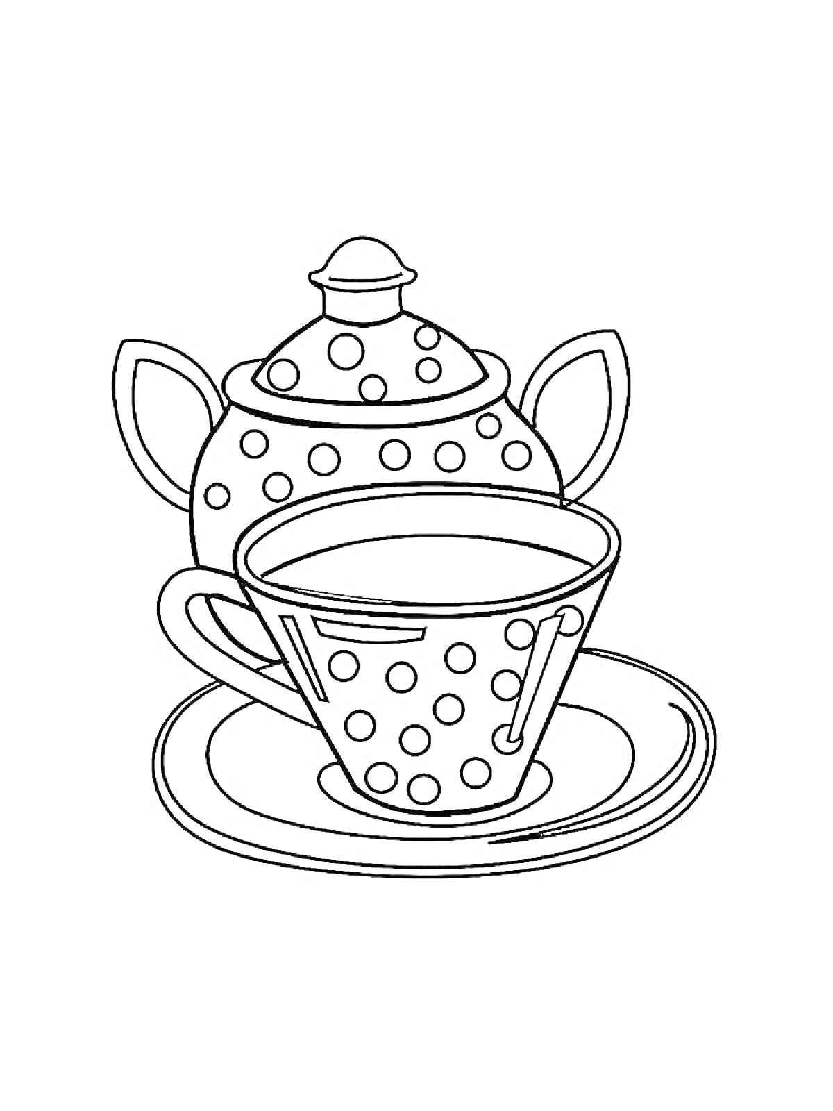 Раскраска Чайник с крышкой и чашка с блюдцем