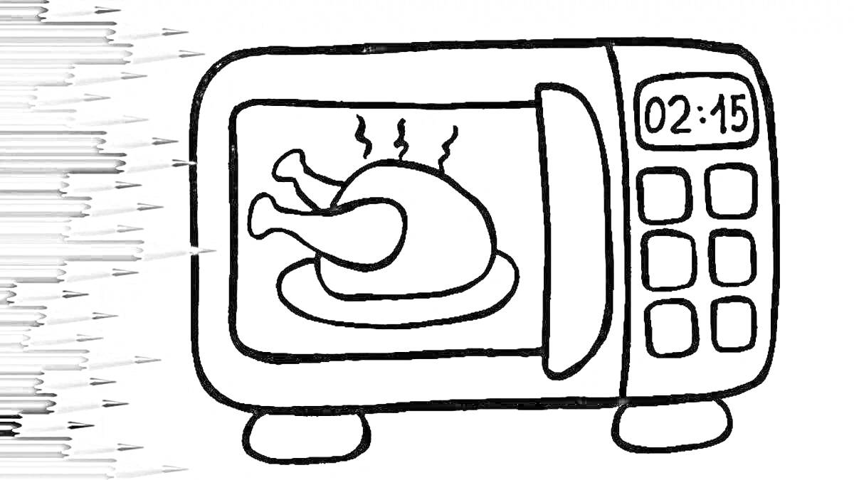 Раскраска Микроволновка с курицей внутри, дисплей показывает 02:15
