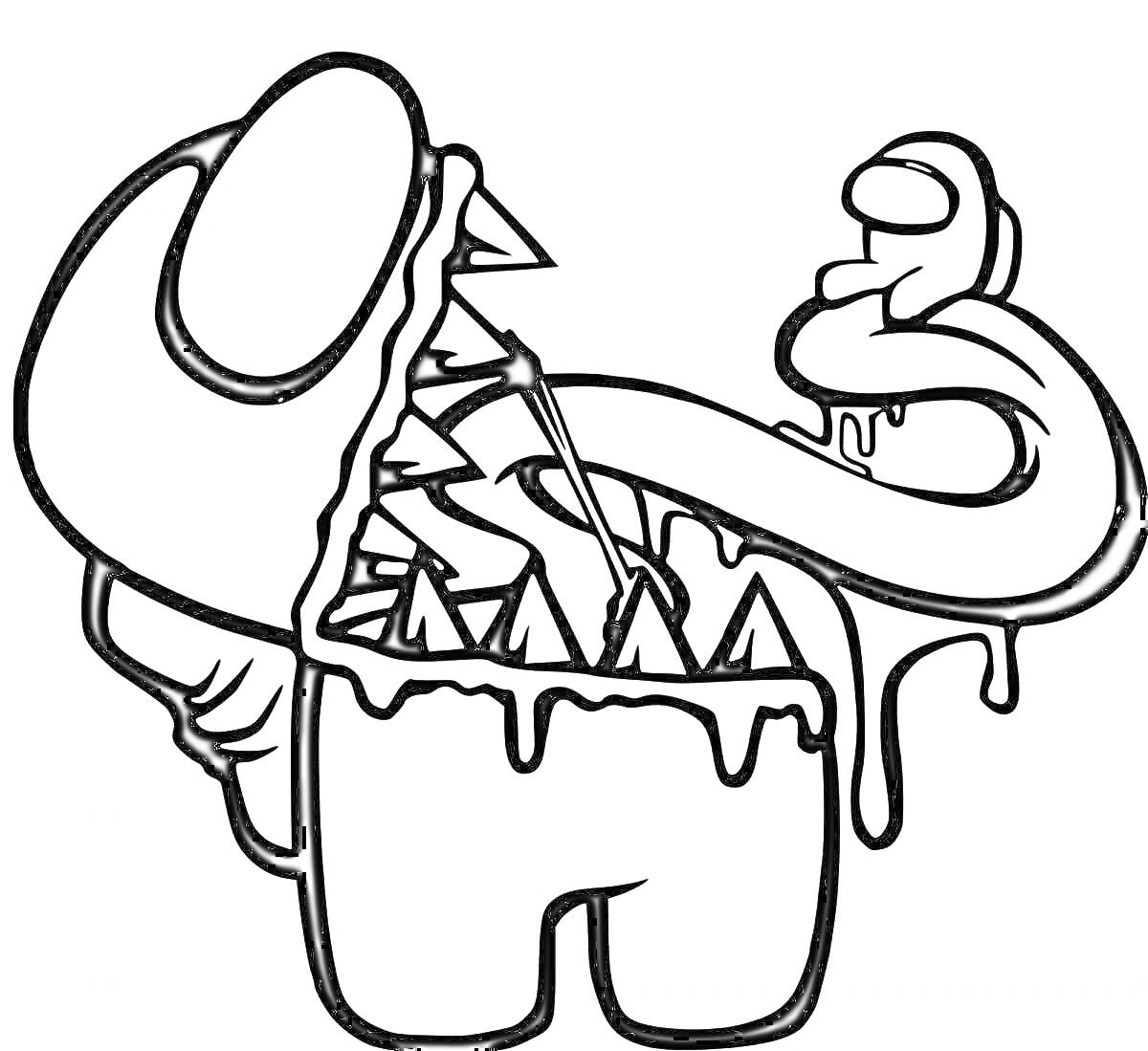 Раскраска Амог Ас зомби: персонаж с раскрытой пастью и длинным языком, капающая слизь