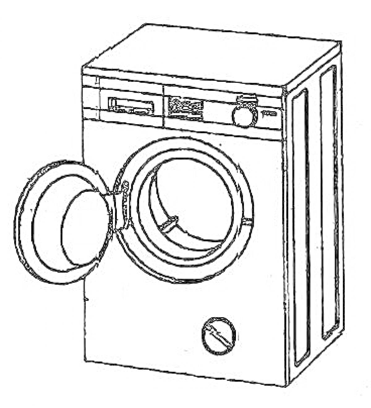 Раскраска Стиральная машинка с открытой дверцей, панелью управления и дисплеем