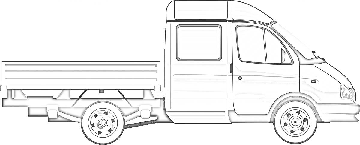 На раскраске изображено: Грузовая машина, Газель, Кузов, Транспорт, Колёса