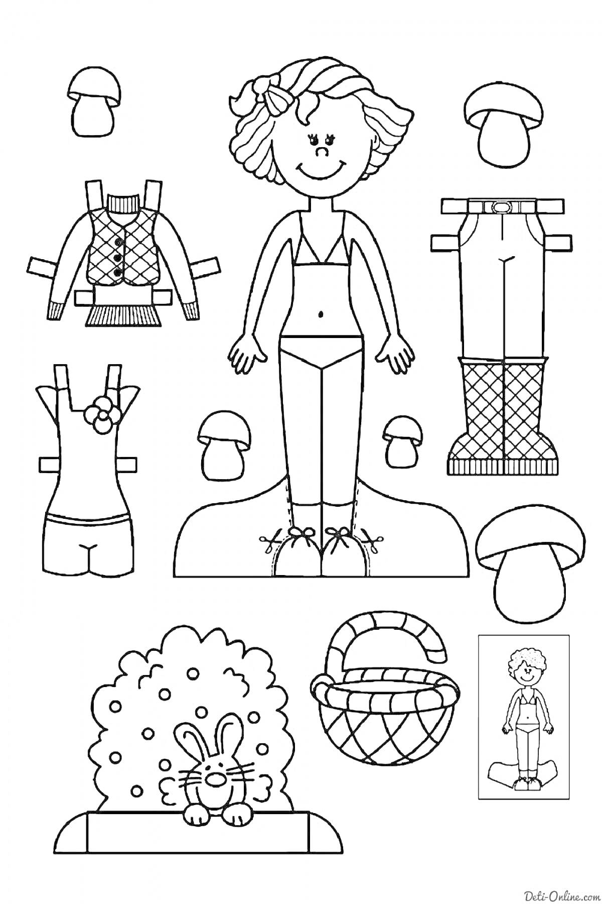 Кукла с одеждой в виде топика, брюк в клетку, наряда с юбкой и цветком, также есть корзинка с яблоками и пушистый кролик.