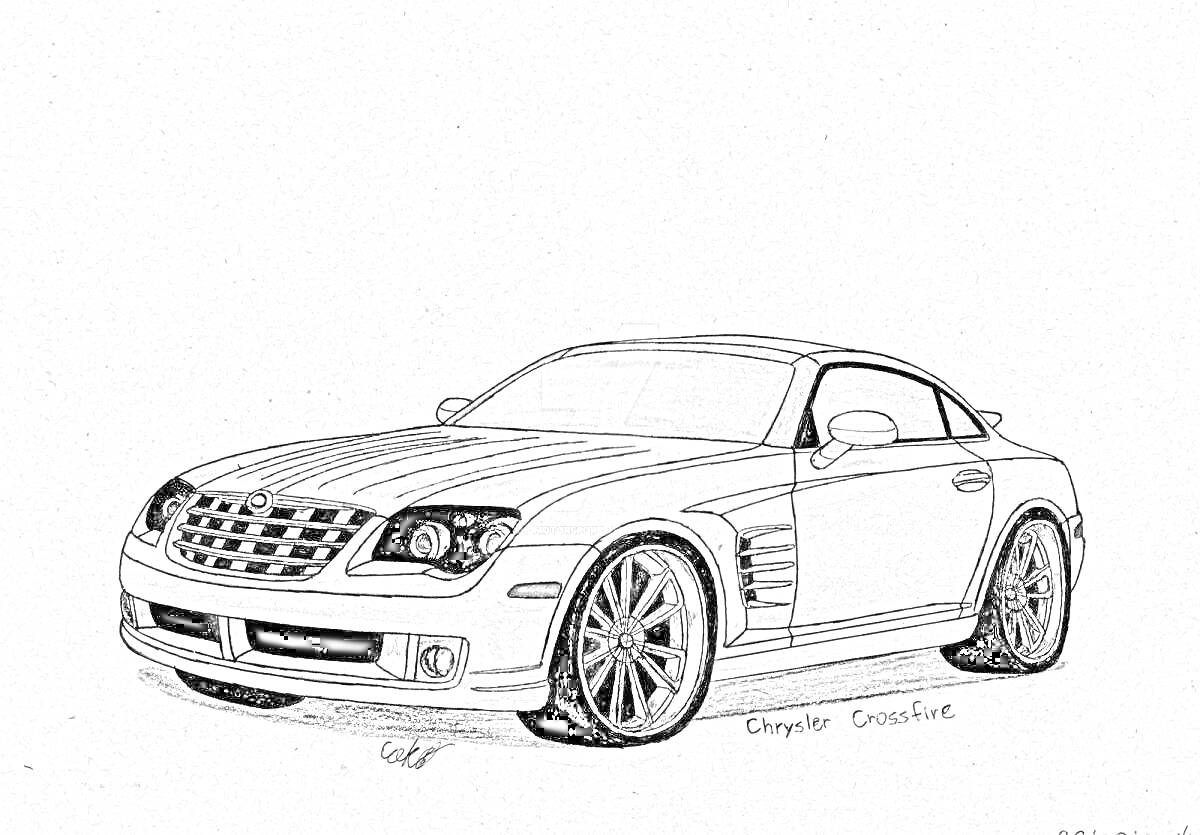 Chrysler Crossfire, черно-белая раскраска с изображением автомобиля в три четверти, с четкими колесами, фарами и решеткой радиатора