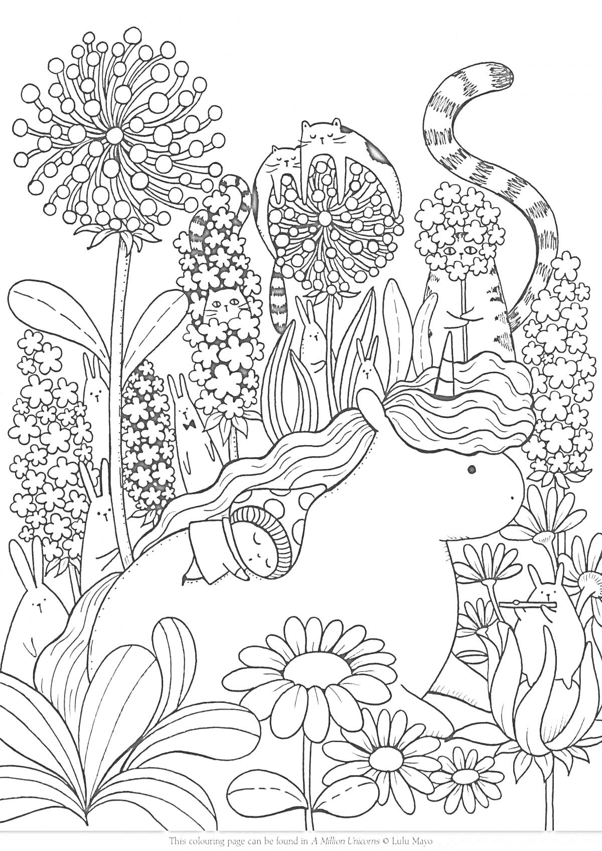 На раскраске изображено: Цветы, Поляна, Енот, Зайцы, Природа