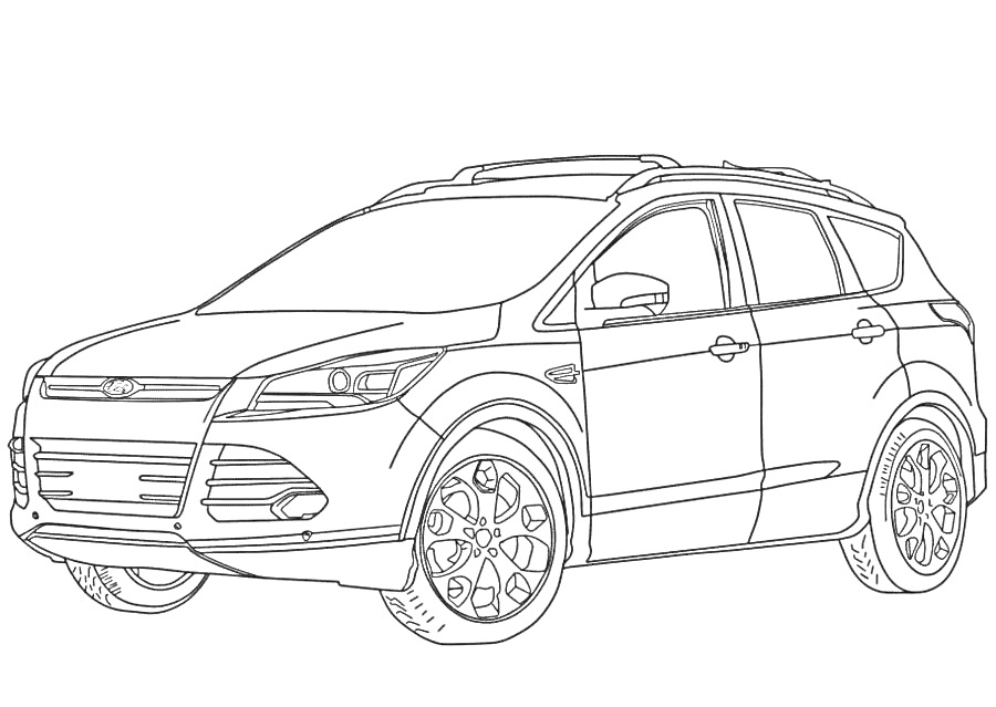 Раскраска Фордовский внедорожник с пятью дверями, передними фарами, решеткой радиатора, боковыми зеркалами и колёсами с видимыми дисками