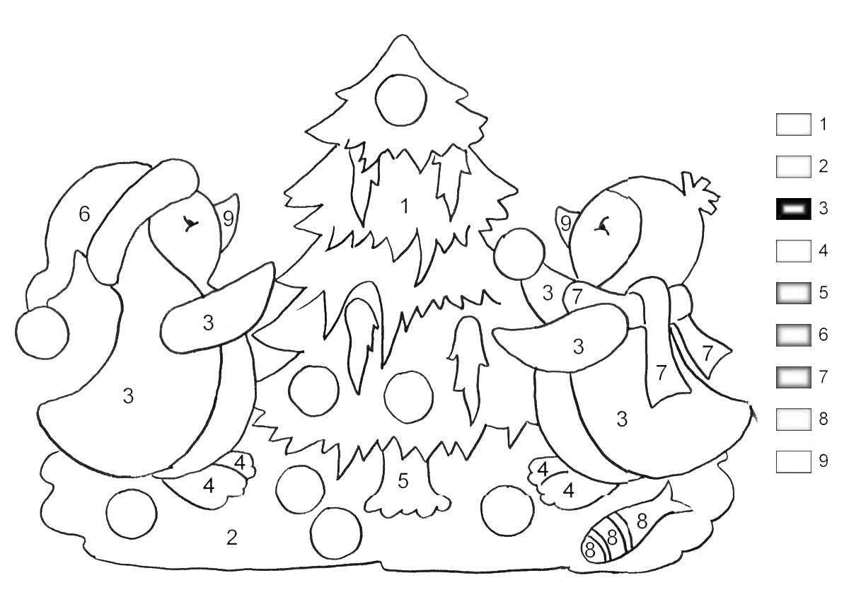 На раскраске изображено: Пингвины, Новогодняя ёлка, Новый год, Снег, Шапка, Шарф, Украшения, Елки, Шары