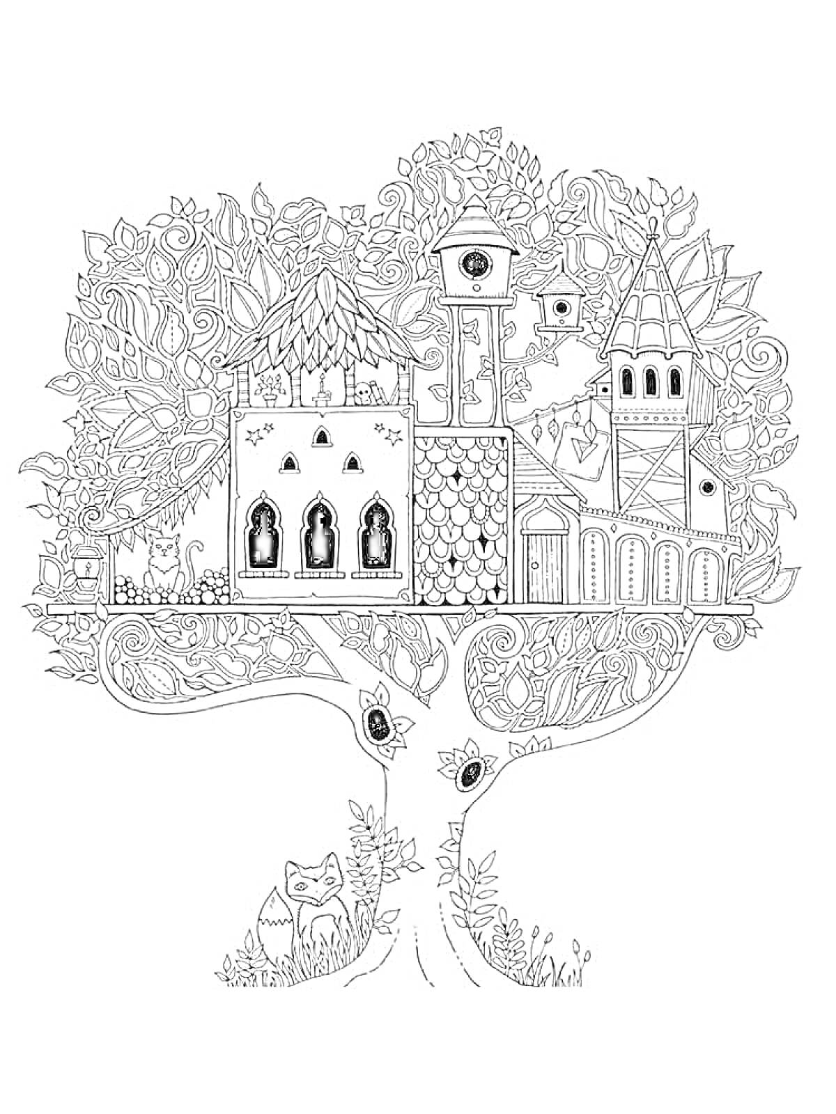 Раскраска Дерево с домами, совой и почками