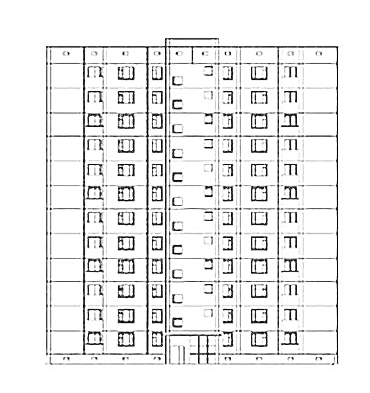 Раскраска Многоэтажный жилой дом с подъездами и окнами