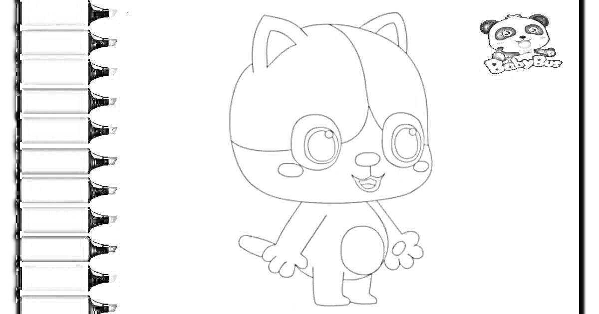 Раскраска Раскраска котёнок от Бэби Бас с рядом размещенными карандашами и логотипом панды