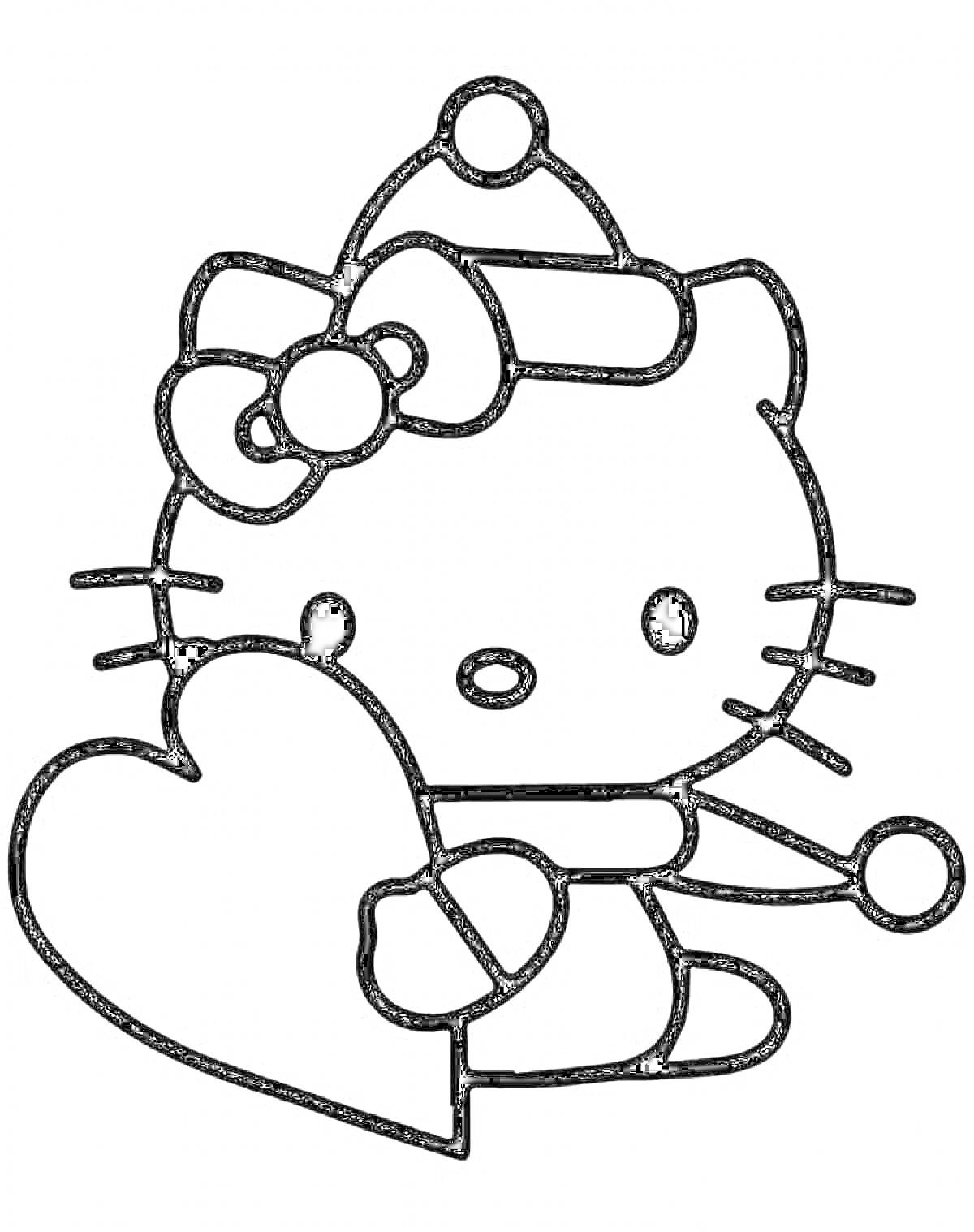 Раскраска Хелло Китти с бантом на голове, в шапке, держащая сердце и пончик