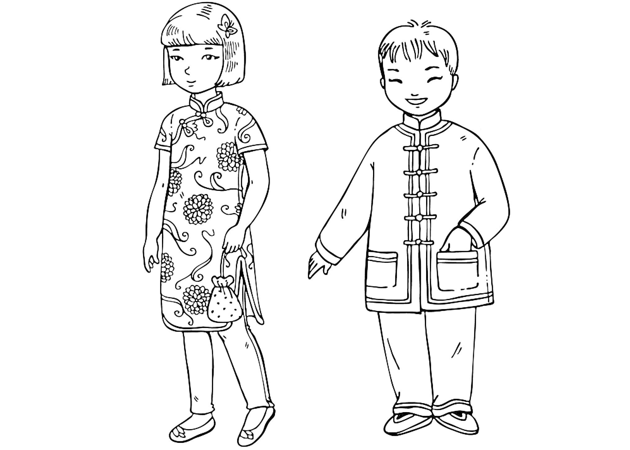 Раскраска Дети в традиционной китайской одежде. Девочка в платье чипао и мальчик в кунг-фу костюме