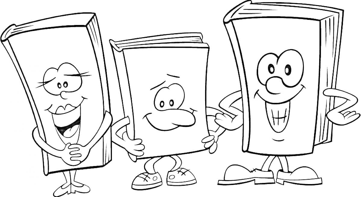 Раскраска Три веселых книги с лицами и руками