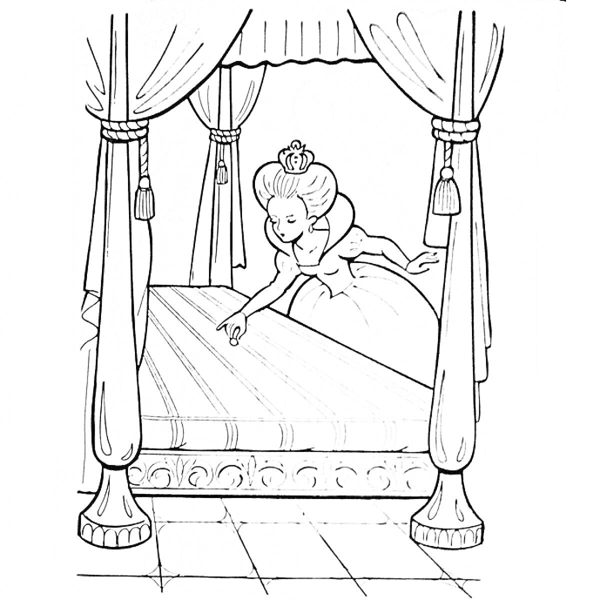 Раскраска Принцесса на горошине, принцесса, горошина, кровать с балдахином, занавески, пол с квадратными плитками