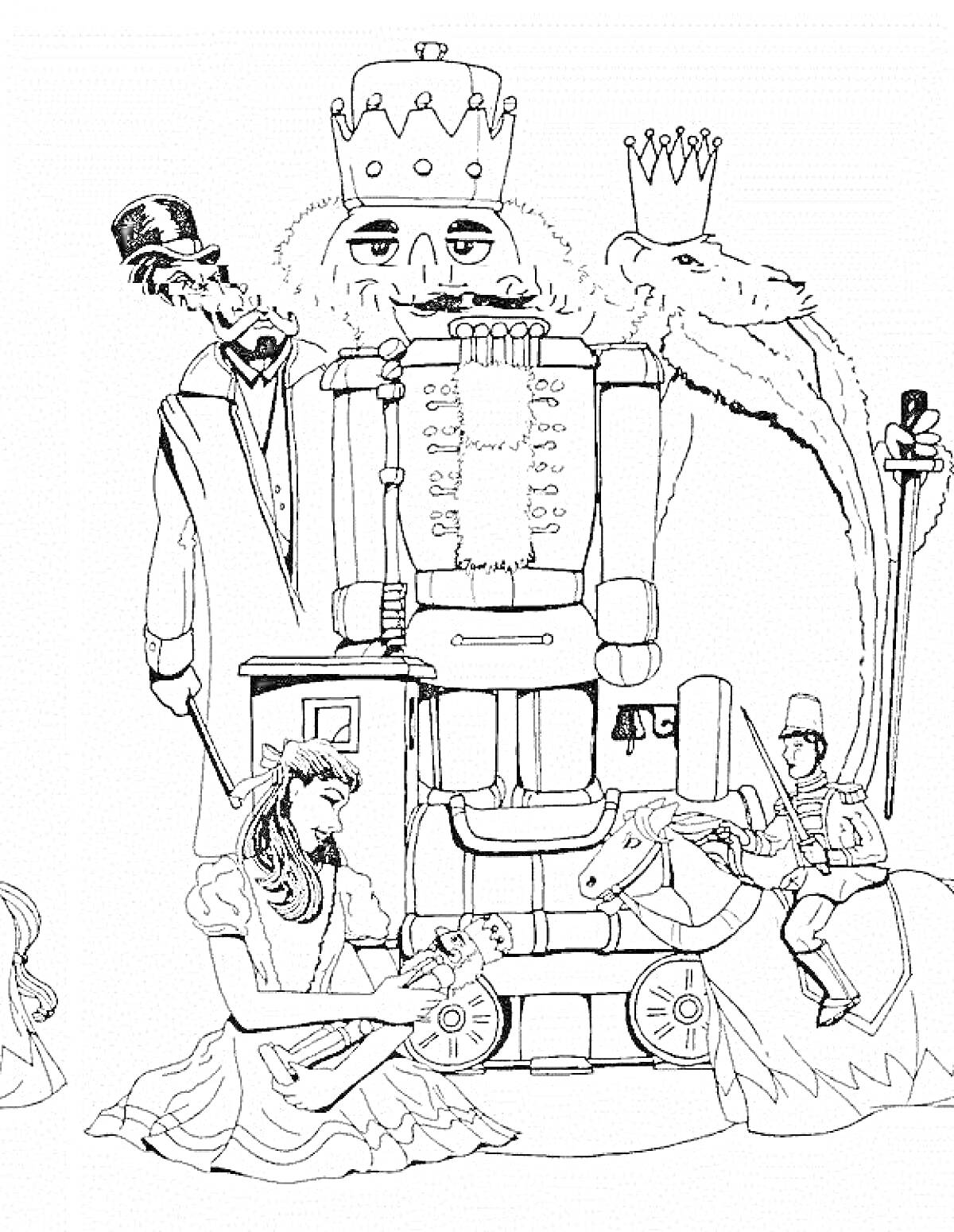 На раскраске изображено: Щелкунчик, Принцесса, Лошадь, Кукла, Корона, Игрушки, Солдат