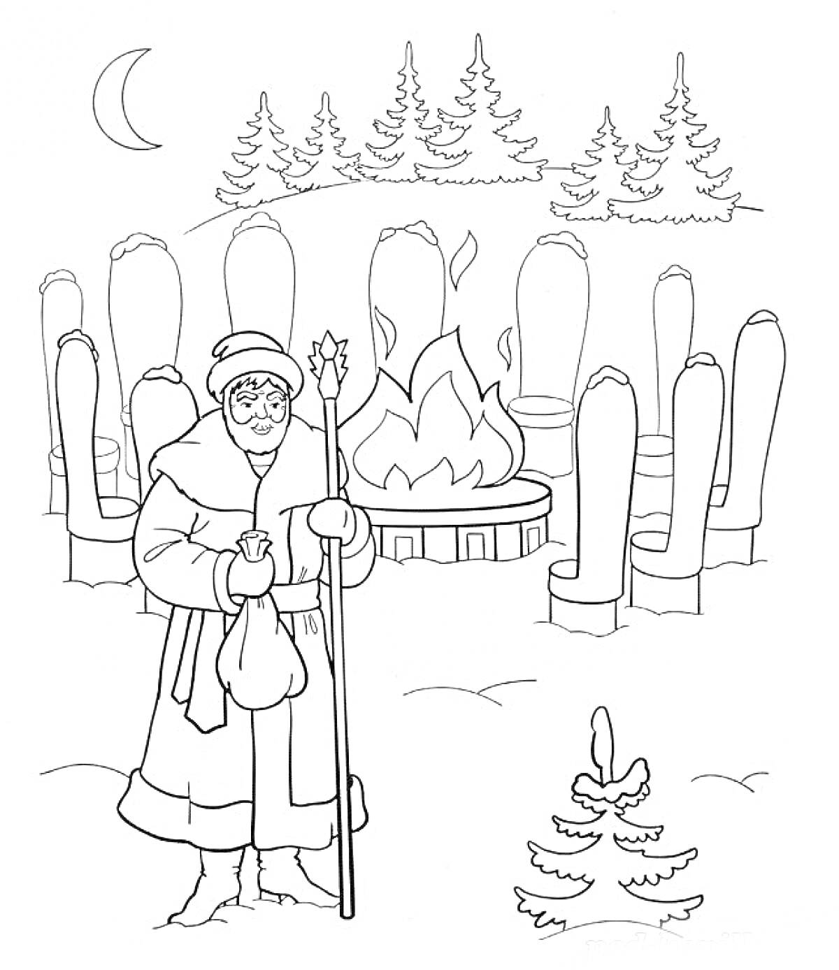 Раскраска Старик с посохом и мешочком перед костром и двенадцатью стульями на том месте, где зима окружена ёлками и лесом.