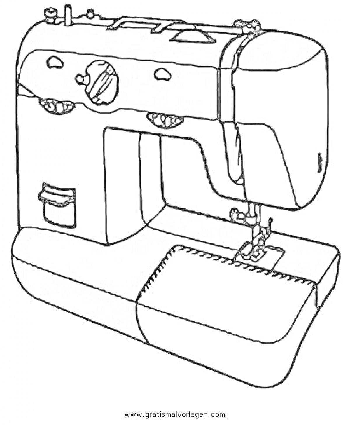 Раскраска Швейная машинка с ручкой настройки, катушкой, нитеводом и игольной пластиной