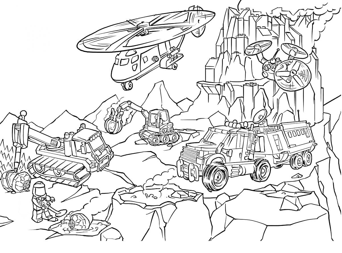 Раскраска Лего город с вертолетами, спецтехникой, и рабочими