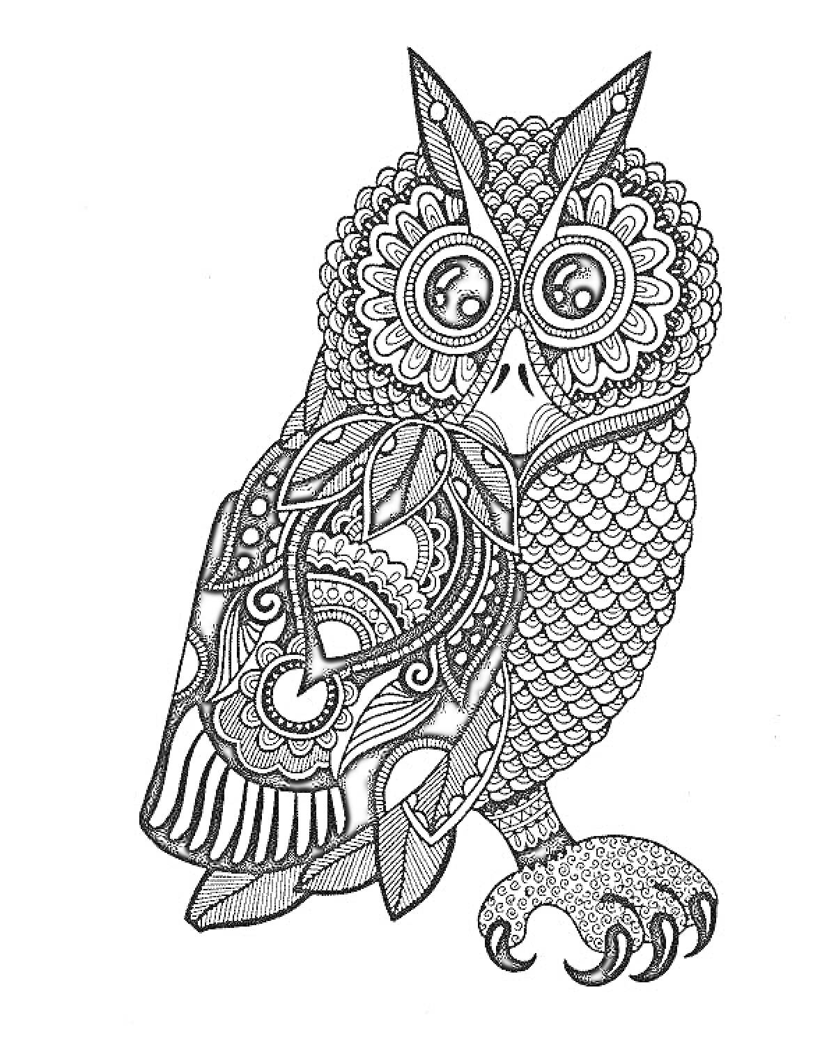 Антистресс раскраска - Сова с художественным орнаментом, декоративные перья, крупные глаза, замысловатый узор