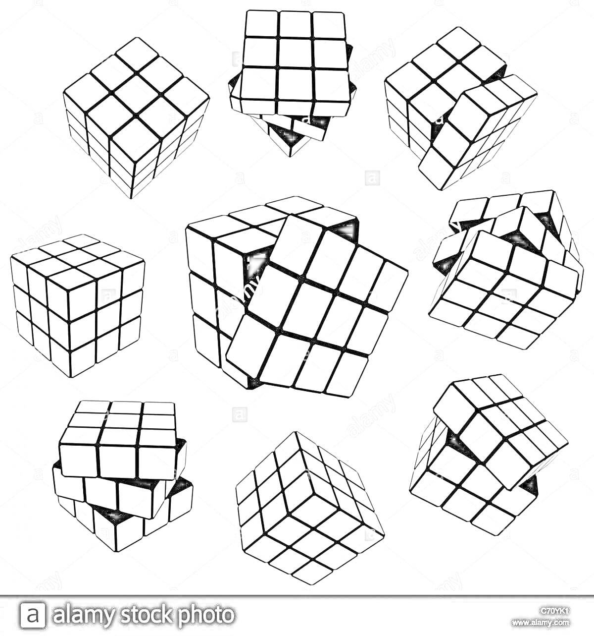 Раскраска набор из девяти кубиков Рубика в различных ракурсах и положениях