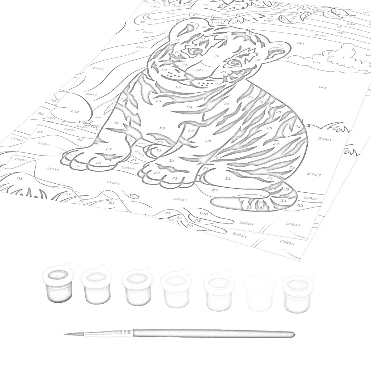 Раскраска Раскраска с изображением тигра с пронумерованными областями для раскрашивания, восемь баночек с красками и кисть