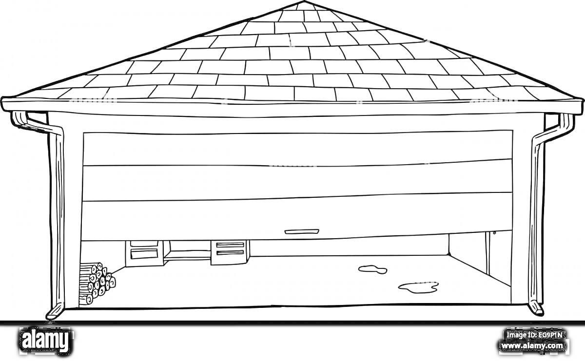 На раскраске изображено: Гараж, Крыша, Открытая дверь, Скамейки