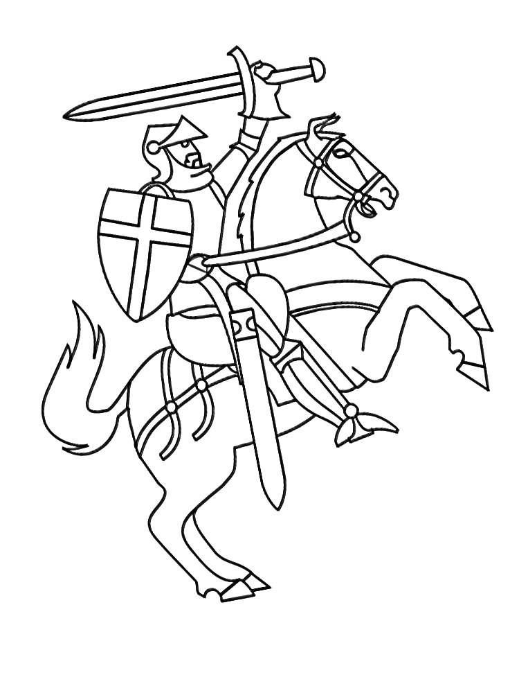 Раскраска Рыцарь с поднятым мечом на лошади