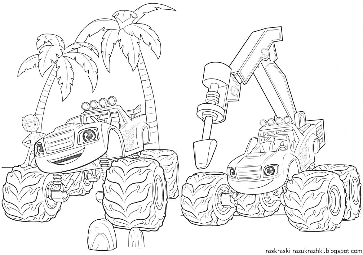 Раскраска Вспыш и чудо-машинки, две машины с большими колёсами, пальмы, растительность, экскаваторный ковш