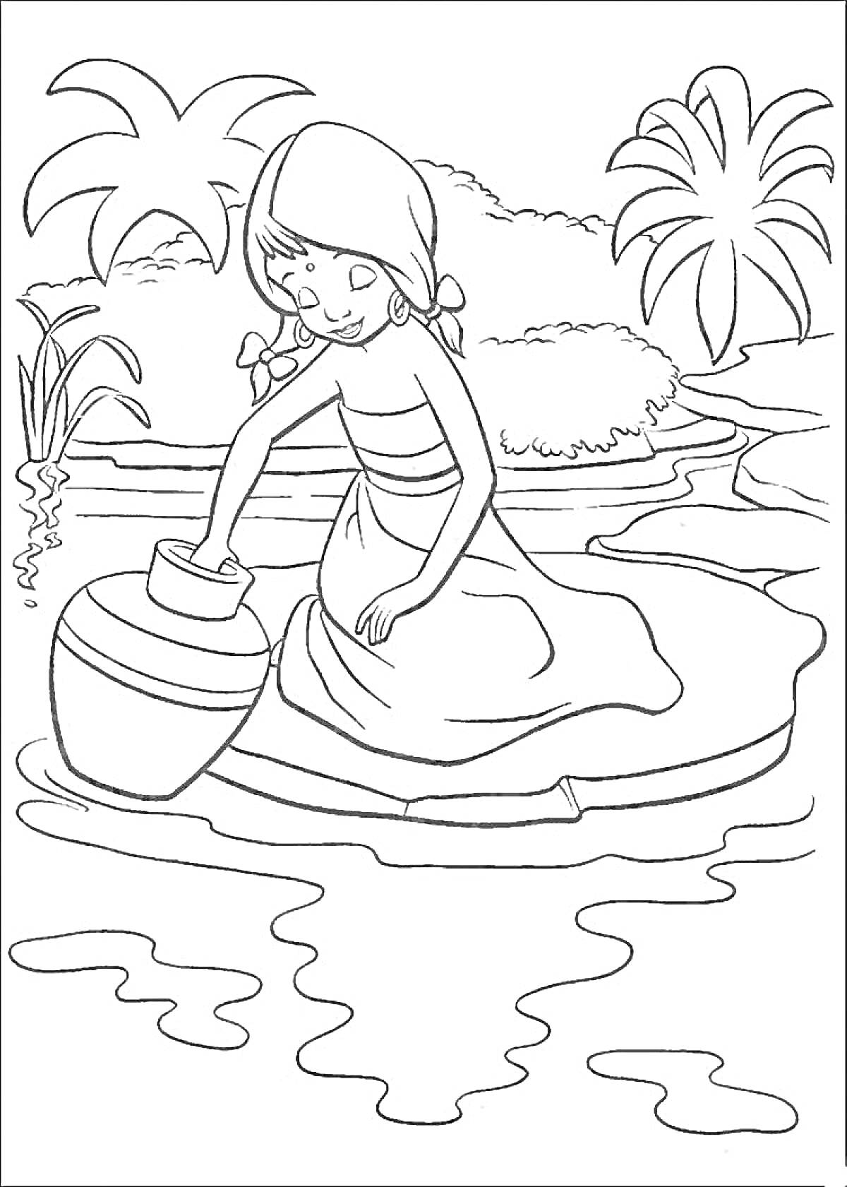 Раскраска Девочка у воды с кувшином, пальмы, кустарник, водоем