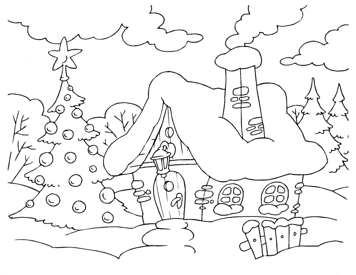 Раскраска Зимний домик с елкой и дымоходом, окруженный деревьями и забором, на фоне облаков