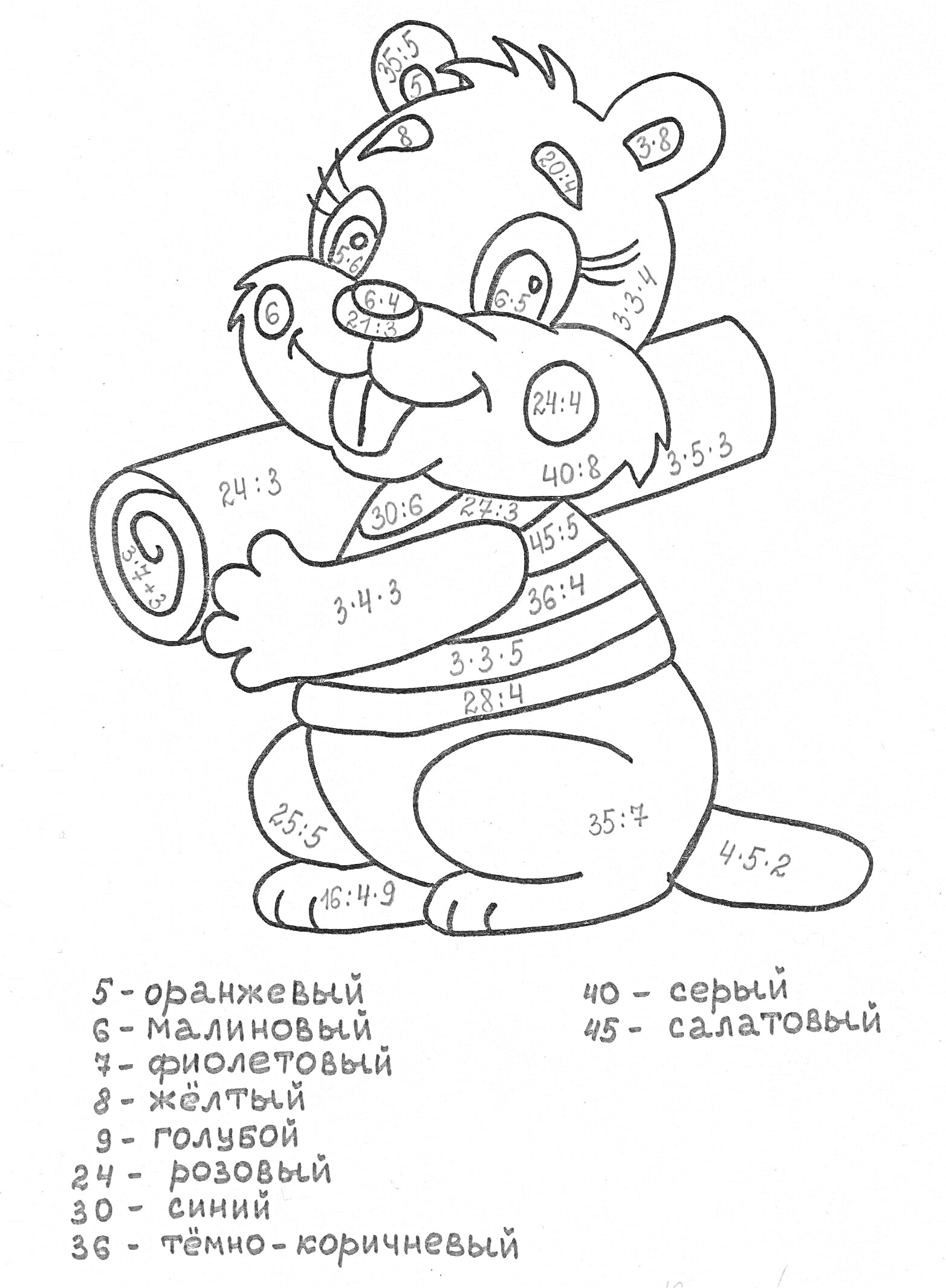 Раскраска с примерами на умножение для 2 класса с изображением бобра, держащего два свёрнутых листа бумаги, с условием раскрашивания по цветам