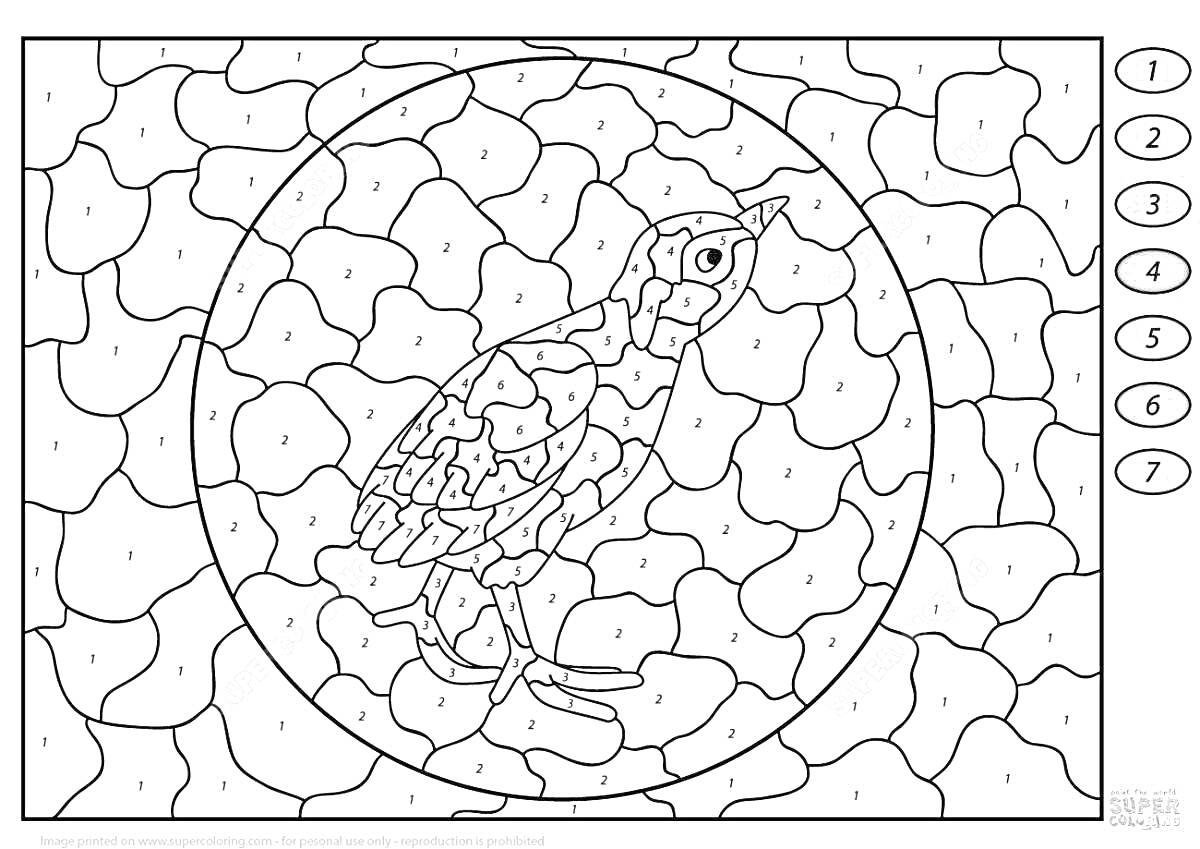 Раскраска Птица в окружении мозаичного узора с цифрами