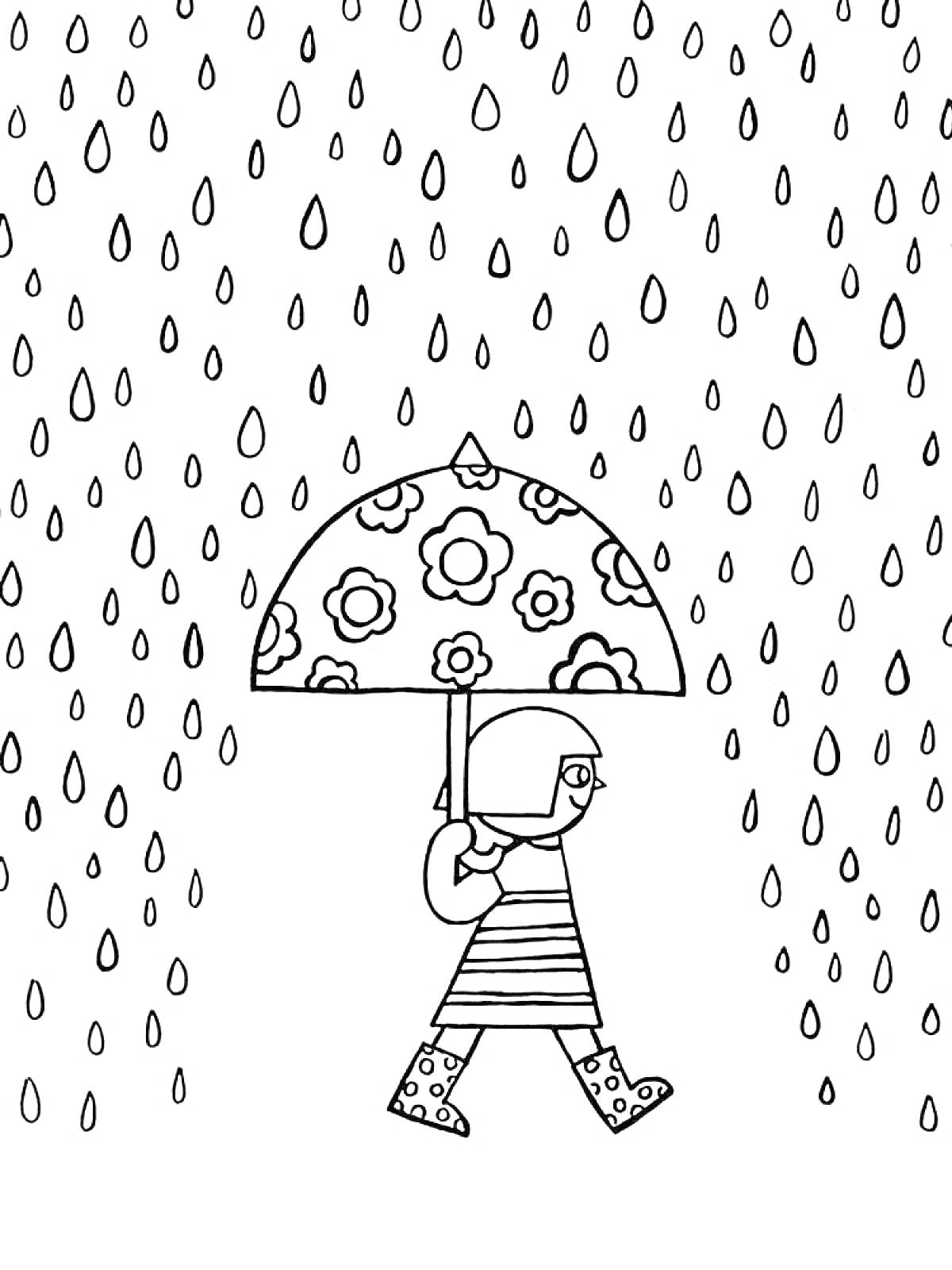 Девочка под цветным зонтом идет под дождем в сапогах