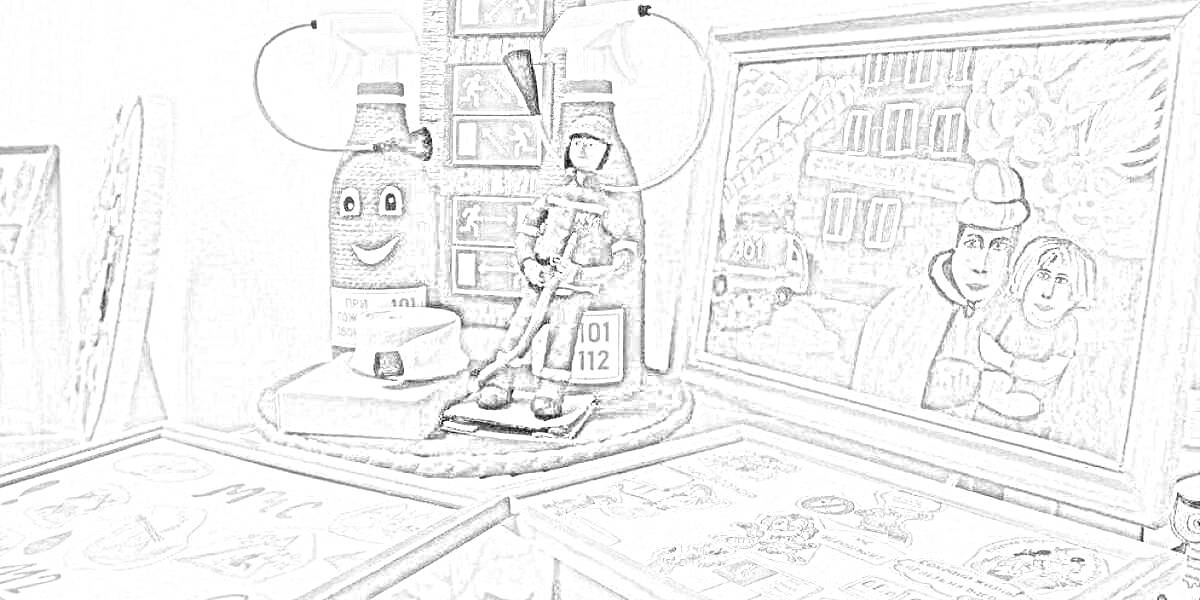 Раскраска Игрушка пожарного со шлангами, раскраски, рисунок с пожарным и спасенной семьей