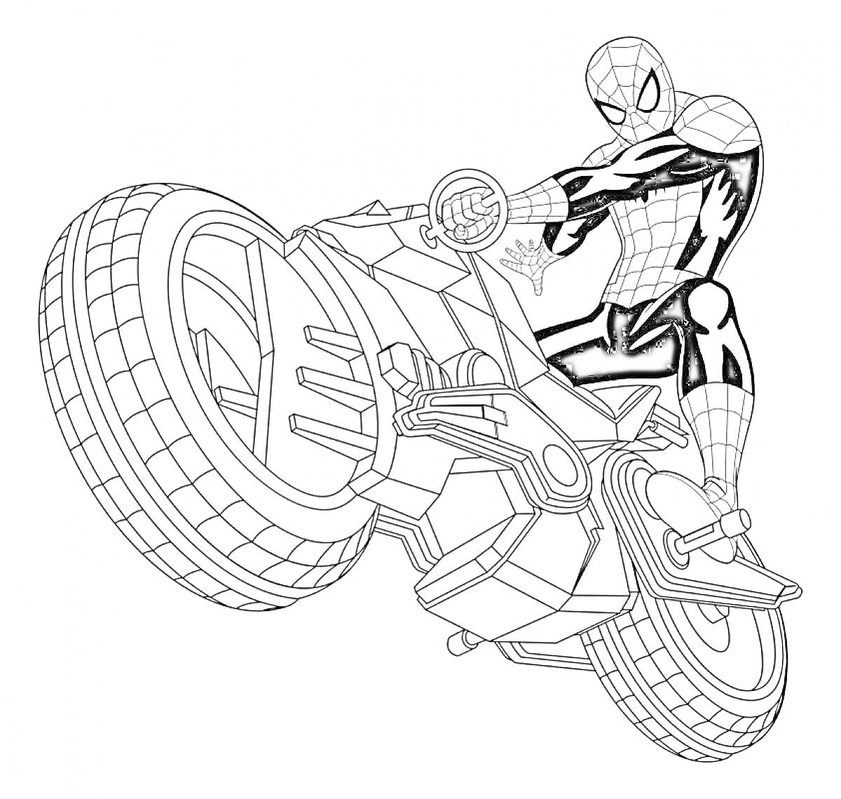 На раскраске изображено: Человек-Паук, Мотоцикл, Для детей, Комиксы, Транспорт, Движение, Супергерои